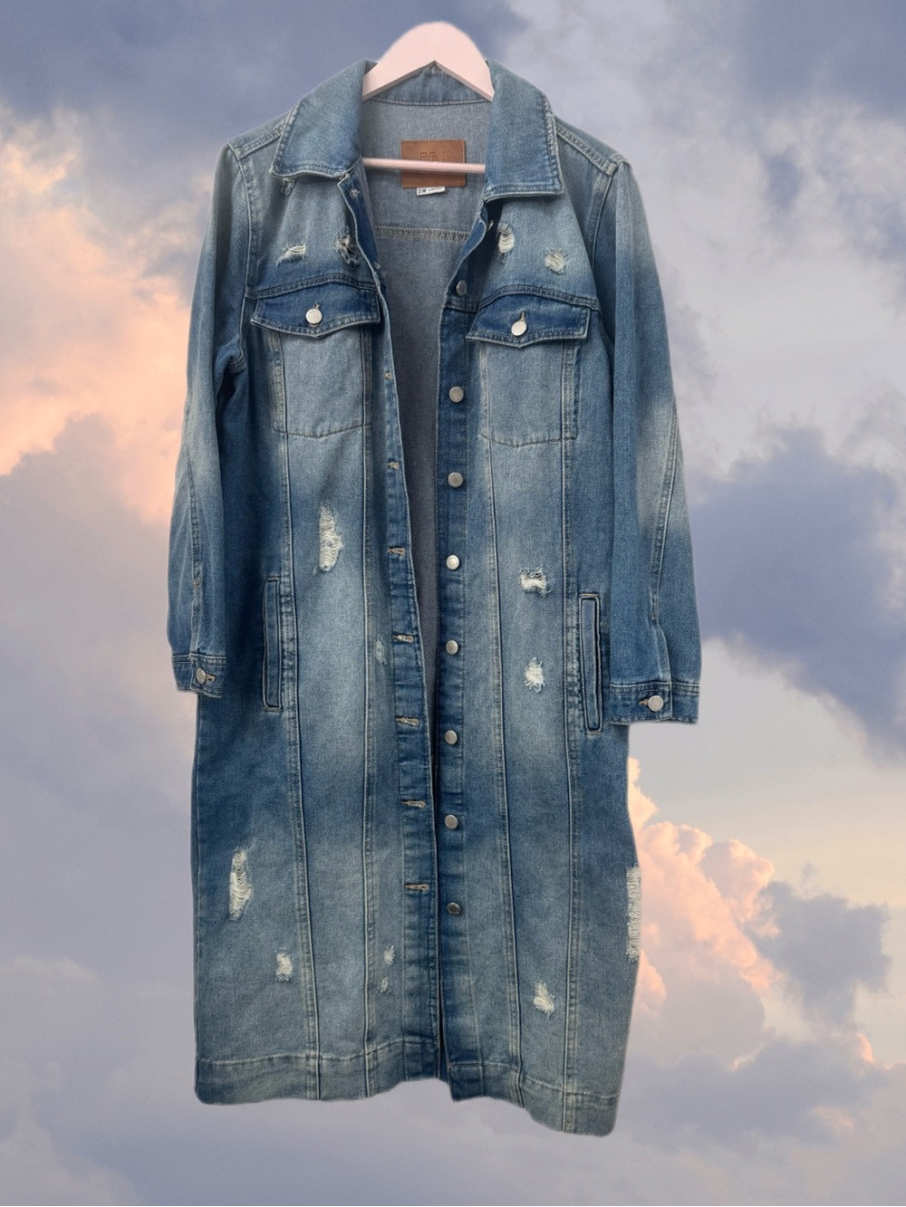 BBJ Blue Jean Distressed Denim Trench Coat Sz M